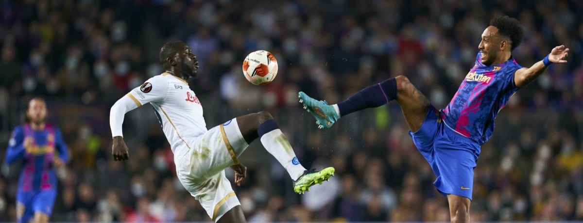 Napoli-Barcellona, spareggi ritorno Europa League 2021-22, Kalidou Koulibaly e Pierre Aubameyang