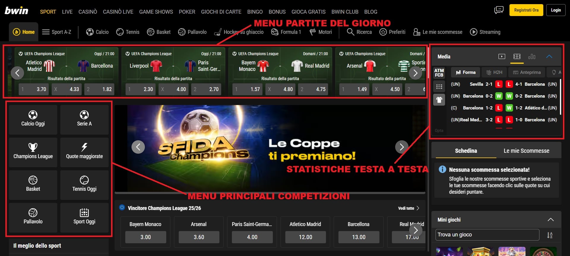 schermata scommesse bwin