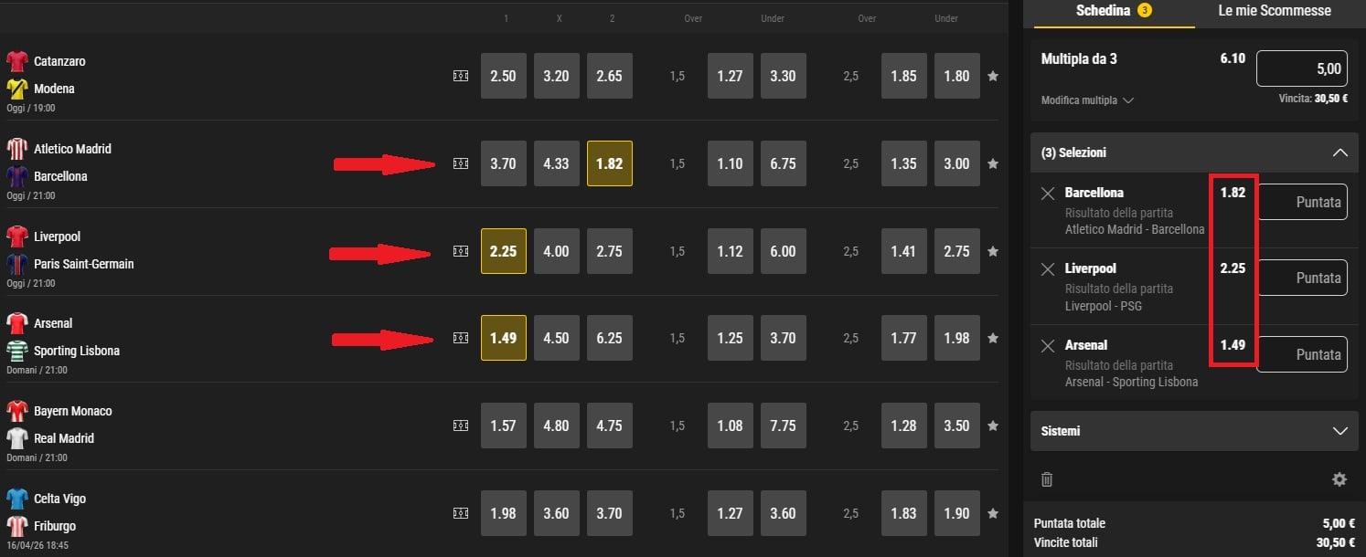 scommesse multiple esempio